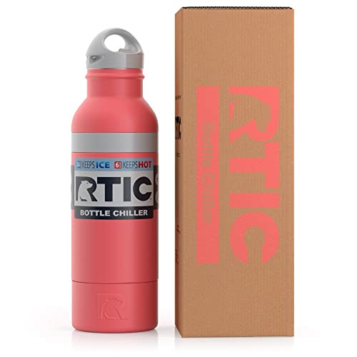 RTIC Bottle Chiller Water Bottle Insulated Cooler for 12oz Glass Soda Bottle or 16oz Aluminum Bottle, Double Wall Vacuum Insulation, Stainless Steel Sweat Proof with Built-In Bottle Opener, Coral