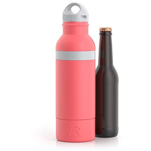 RTIC Bottle Chiller Water Bottle Insulated Cooler for 12oz Glass Soda Bottle or 16oz Aluminum Bottle, Double Wall Vacuum Insulation, Stainless Steel Sweat Proof with Built-In Bottle Opener, Coral