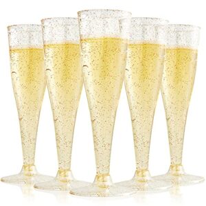 focusline 100 pack plastic champagne flutes, 4.5 oz gold glitter plastic champagne glasses, disposable clear toasting glasses recyclable plastic champagne cups for wedding party