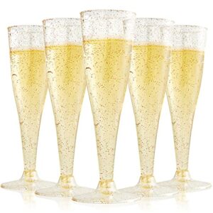 FOCUSLINE 100 Pack Plastic Champagne Flutes, 4.5 Oz Gold Glitter Plastic Champagne Glasses, Disposable Clear Toasting Glasses Recyclable Plastic Champagne Cups for Wedding Party