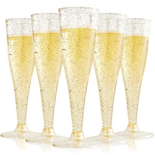 FOCUSLINE 100 Pack Plastic Champagne Flutes, 4.5 Oz Gold Glitter Plastic Champagne Glasses, Disposable Clear Toasting Glasses Recyclable Plastic Champagne Cups for Wedding Party