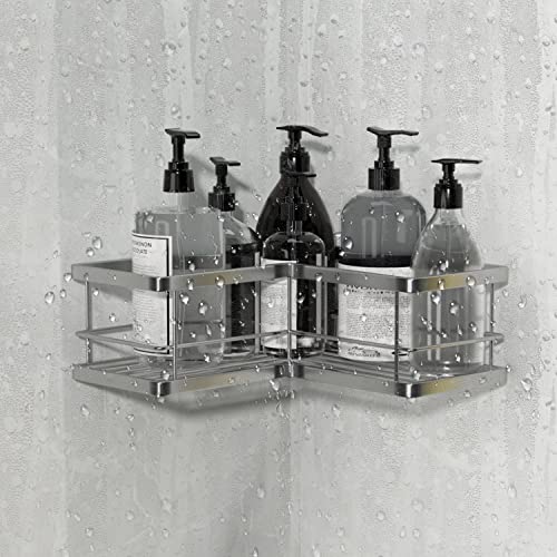 Adhesive Corner Shower Caddy,2 Pack Bathroom Corner Shower Basket Shelf With 6 Hooks Stainless Steel Shower Storage Organizer Shampoo Holder, No Drilling Shower Shelf Basket Bathroom Shelf Rack