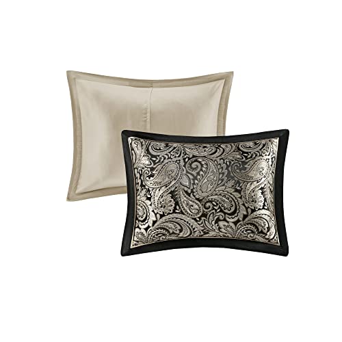 Madison Park Comforter Set, Faux Silk Jacquard Paisley Design - All Season Down Alternative Bedding with Bedskirt, Decorative Pillow, Queen(90 in x 90 in), Black 7 Piece