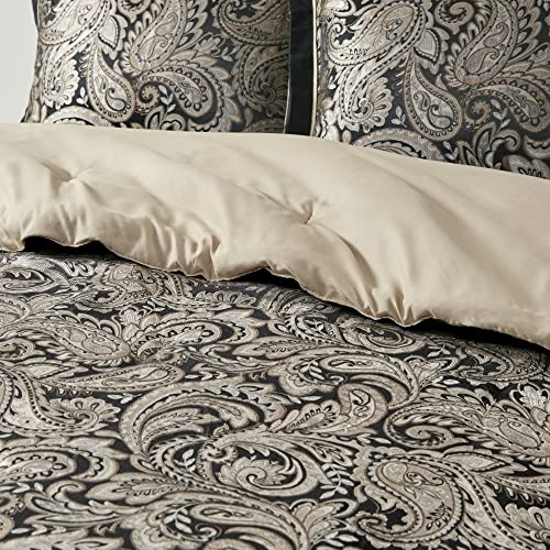 Madison Park Comforter Set, Faux Silk Jacquard Paisley Design - All Season Down Alternative Bedding with Bedskirt, Decorative Pillow, Queen(90 in x 90 in), Black 7 Piece