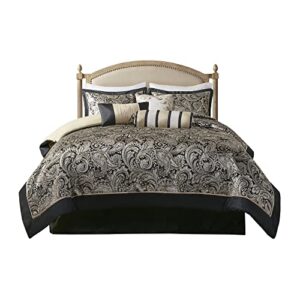 Madison Park Comforter Set, Faux Silk Jacquard Paisley Design - All Season Down Alternative Bedding with Bedskirt, Decorative Pillow, Queen(90 in x 90 in), Black 7 Piece