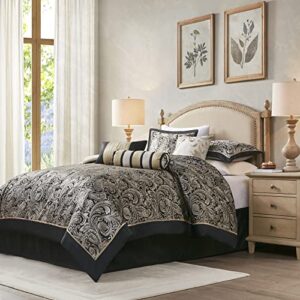 Madison Park Comforter Set, Faux Silk Jacquard Paisley Design - All Season Down Alternative Bedding with Bedskirt, Decorative Pillow, Queen(90 in x 90 in), Black 7 Piece