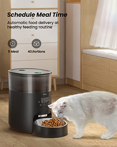 Petiigo Automatic Cat Feeder, 4L Timed BPA Free Cat Feeder Clog-Free Design for Pet Dry Food with Stainless Steel Bowl, Twist Lock Lid&Voice Recorder, Programmable Control 1-5 Meals Day for Cats/Dogs