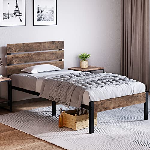 Keureedg Bed Frame with Wooden Headboard and Metal Slats/Sturdy Metal Slats Support/Easy Assembly/No Box Spring Needed/Under Bed Storage/Mattress Foundation, Twin XL/Queen/King(Twin XL)