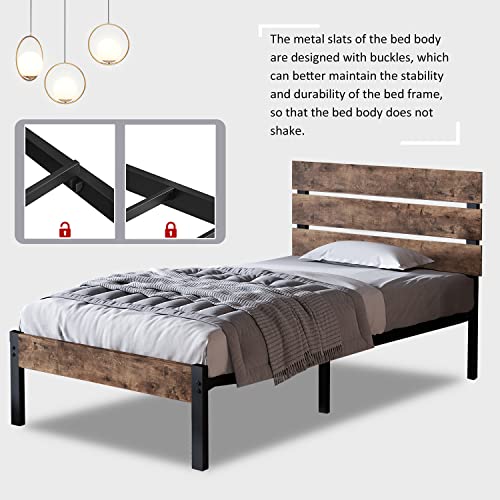 Keureedg Bed Frame with Wooden Headboard and Metal Slats/Sturdy Metal Slats Support/Easy Assembly/No Box Spring Needed/Under Bed Storage/Mattress Foundation, Twin XL/Queen/King(Twin XL)