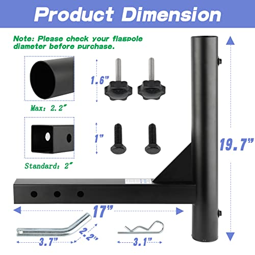 Hydencamm Upgraded Hitch Mount Flagpole Holder, Flag Hitch Mount Universal for 2" Receivers, 19.7" x 17" Stable Hitch Flag Pole Holder with Anti-Wobble Screws, for SUV, RV, Pickup, Truck, Camper