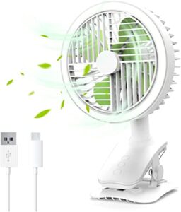 volluck stroller fan clip on rechargeable battery operated portable small mini fan with led light, 2000ma long lasting handheld powered fan on for baby, travel, indoor, car seat