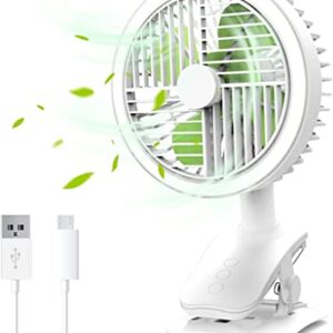 VOLLUCK Stroller Fan Clip on Rechargeable Battery Operated Portable Small Mini Fan with LED Light, 2000mA Long Lasting Handheld Powered Fan on for Baby, Travel, Indoor, Car Seat