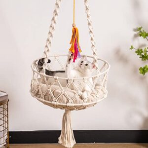 MEWOOFUN Hanging Macrame Cat Hammock Bed, Cat Swing Bed Space Saving Window Perch with Washed Cotton Mat & Funny Cat Toy for Indoor Cats