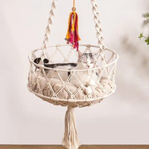 mewoofun hanging macrame cat hammock bed, cat swing bed space saving window perch with washed cotton mat & funny cat toy for indoor cats