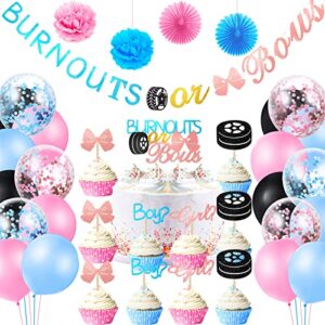 54 pcs burnouts or bows gender reveal decorations gender reveal banner boy or girl cake topper pink and blue balloons flower tissue pom poms paper fans party decorations for baby shower party supplies