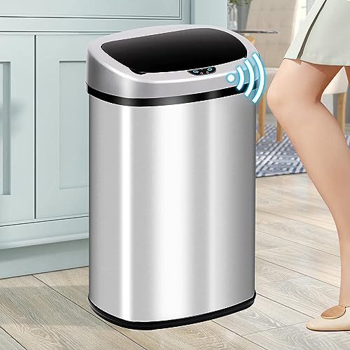 13-Gallon Kitchen Trash Can 50l Stainless Steel Garbage Can Automatic Touch Free Garbage Bin Motion Sensor Trash Can with Lid Metal Waste Bin for Office Tall Trash Bin Touchless, Silver