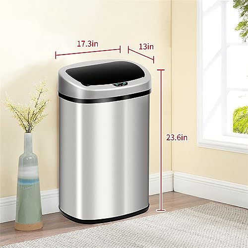 13-Gallon Kitchen Trash Can 50l Stainless Steel Garbage Can Automatic Touch Free Garbage Bin Motion Sensor Trash Can with Lid Metal Waste Bin for Office Tall Trash Bin Touchless, Silver