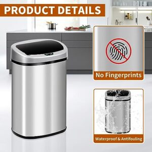 13-Gallon Kitchen Trash Can 50l Stainless Steel Garbage Can Automatic Touch Free Garbage Bin Motion Sensor Trash Can with Lid Metal Waste Bin for Office Tall Trash Bin Touchless, Silver