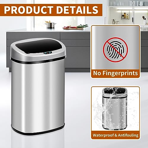 13-Gallon Kitchen Trash Can 50l Stainless Steel Garbage Can Automatic Touch Free Garbage Bin Motion Sensor Trash Can with Lid Metal Waste Bin for Office Tall Trash Bin Touchless, Silver