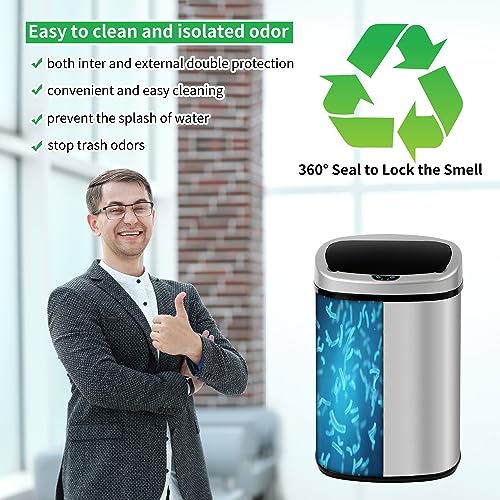 13-Gallon Kitchen Trash Can 50l Stainless Steel Garbage Can Automatic Touch Free Garbage Bin Motion Sensor Trash Can with Lid Metal Waste Bin for Office Tall Trash Bin Touchless, Silver