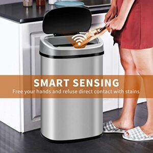 13-Gallon Kitchen Trash Can 50l Stainless Steel Garbage Can Automatic Touch Free Garbage Bin Motion Sensor Trash Can with Lid Metal Waste Bin for Office Tall Trash Bin Touchless, Silver