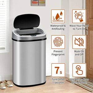 13-Gallon Kitchen Trash Can 50l Stainless Steel Garbage Can Automatic Touch Free Garbage Bin Motion Sensor Trash Can with Lid Metal Waste Bin for Office Tall Trash Bin Touchless, Silver