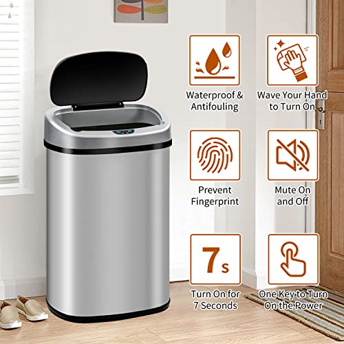 13-Gallon Kitchen Trash Can 50l Stainless Steel Garbage Can Automatic Touch Free Garbage Bin Motion Sensor Trash Can with Lid Metal Waste Bin for Office Tall Trash Bin Touchless, Silver