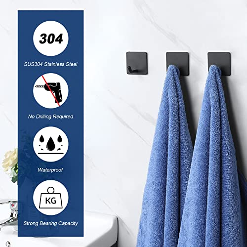 NearMoon Adhesive Hooks- Heavy Duty Bathroom Wall Hooks Waterproof Stainless Steel Towel Hangers Stick on Wall Clothes Holders for Bathroom Kitchen Home, 5 Pack (Matte Black)