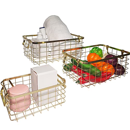 Majika 3 Gold Wire Basket Set | Storage | Decor | Crafts | Kitchen Organizing | Great for Closets | Cabinets | Pantries | Tables | Counter Tops | Office Storage | Nesting Baskets