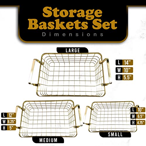 Majika 3 Gold Wire Basket Set | Storage | Decor | Crafts | Kitchen Organizing | Great for Closets | Cabinets | Pantries | Tables | Counter Tops | Office Storage | Nesting Baskets