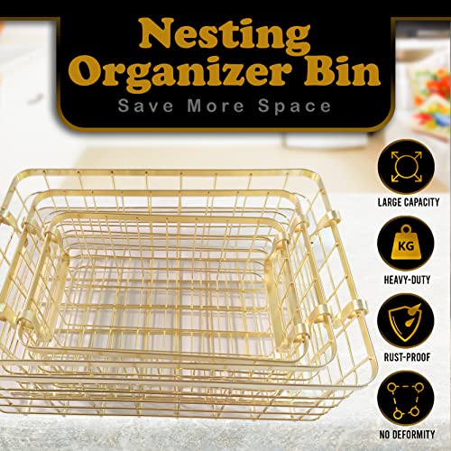 Majika 3 Gold Wire Basket Set | Storage | Decor | Crafts | Kitchen Organizing | Great for Closets | Cabinets | Pantries | Tables | Counter Tops | Office Storage | Nesting Baskets