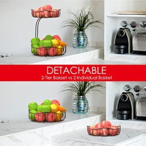 Weronique 2-Tier Countertop Fruit Basket Fruits Vegetables Storage Bowl Stand Holder with Banana Hanger, Black