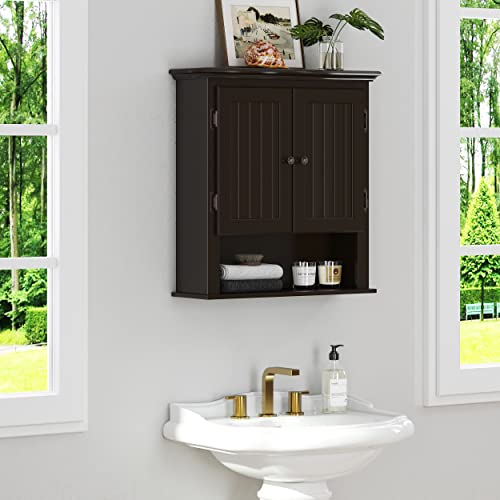 UTEX Bathroom Cabinet Wall Mounted, Wood Hanging Cabinet, Wall Cabinets with Doors and Shelves Over The Toilet for Bathroom,Espresso