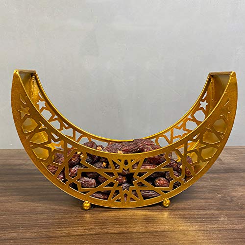 ULTNICE Ramadan Eid Plate Iron Serving Tray 3D Moon Shaped Islam Platter Candy Dish Snacks Dessert Holder Pastry Tray Dishes for Muslim Ramadan Mubarak Home Party Supplies Golden