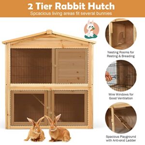 PETSITE 2 Story Rabbit Hutch Indoor Outdoor, Wooden Bunny Cage Pet House for Small Animals