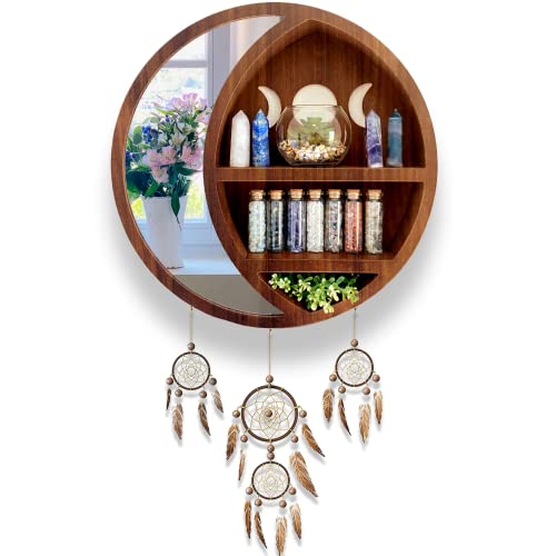 Ella & Emma Moon Shelf - Alluring Dream Catcher Pine Wood Moon Shelf - Fully Assembled Shelves for Wall Decor - Holder for Crystals, Oils, and Moon Stones - Aesthetic Shelves Unique Decor for Walls