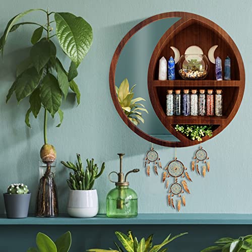 Ella & Emma Moon Shelf - Alluring Dream Catcher Pine Wood Moon Shelf - Fully Assembled Shelves for Wall Decor - Holder for Crystals, Oils, and Moon Stones - Aesthetic Shelves Unique Decor for Walls