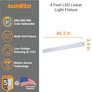 Sunlite 85553 4-Foot LED Linear Strip Light Fixture, 40 Watts, 4600 Lumens, Selectable 3 CCT 3000K-5000K, Dimmable, 50,000 Hour Life Span, 83 CRI, Surface Mount, Steel Body, ETL & DLC Listed