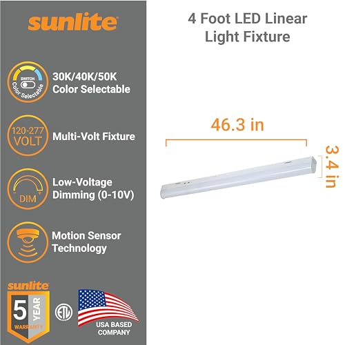 Sunlite 85553 4-Foot LED Linear Strip Light Fixture, 40 Watts, 4600 Lumens, Selectable 3 CCT 3000K-5000K, Dimmable, 50,000 Hour Life Span, 83 CRI, Surface Mount, Steel Body, ETL & DLC Listed