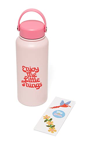 ban.do Large Water Bottle with Waterproof Sticker Pack, Stainless Steel Double Wall Tumbler, 33 Oz Insulated Metal Water Bottle (Enjoy the Little things)