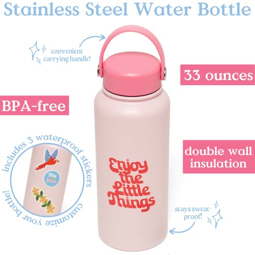 ban.do Large Water Bottle with Waterproof Sticker Pack, Stainless Steel Double Wall Tumbler, 33 Oz Insulated Metal Water Bottle (Enjoy the Little things)