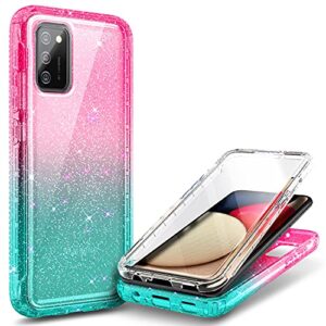 nznd case for samsung galaxy a03s with [built-in screen protector], full-body protective shockproof rugged bumper cover, impact resist durable phone case (glitter pink/aqua)