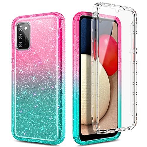 NZND Case for Samsung Galaxy A03S with [Built-in Screen Protector], Full-Body Protective Shockproof Rugged Bumper Cover, Impact Resist Durable Phone Case (Glitter Pink/Aqua)