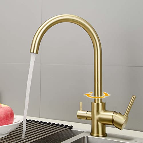 Techzm Tri Flow Water Filtration Kitchen Faucet 3 Way Water Filter Taps Brushed Golden