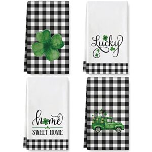 anydesign st. patrick's day kitchen dish towels 18 x 28 white black buffalo plaids dishcloth lucky shamrock clover truck drying cloth tea towel irish decorative hand towel for cooking baking, 4 pack
