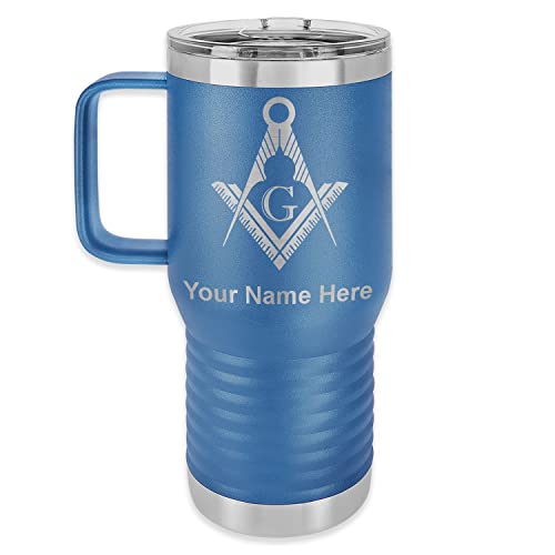 LaserGram 20oz Vacuum Insulated Travel Mug with Handle, Freemason Symbol, Personalized Engraving Included (Dark Blue)