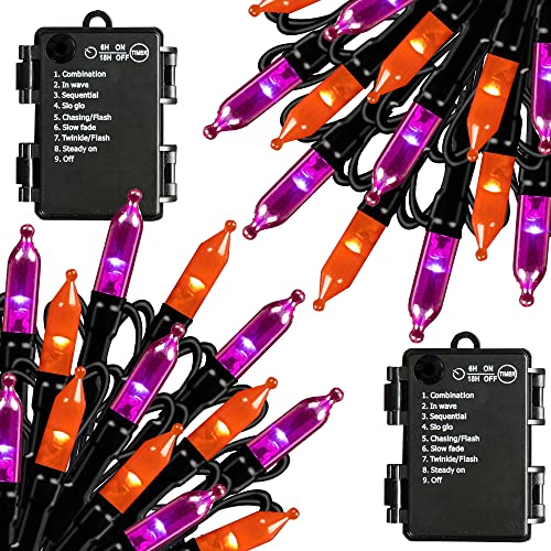 Dazzle Bright 2 Pack Halloween Mini String Lights, 50 LED 16FT Waterproof Battery Operated Fairy Lights, 8 Modes Halloween Decorations for Indoor Outdoor Party Garden Decor (Purple & Orange)