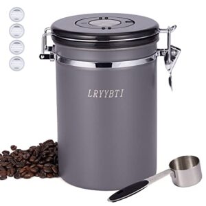 lryybti coffee canisters, airtight stainless steel coffee bean storage container with scoop and date tracker & co2 release valve, 22oz, gray