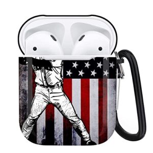 baseball player flag airpods case compatiable with airpods 1&2 - airpods cover with key chain, full protective durable shockproof personalize wireless headphone case
