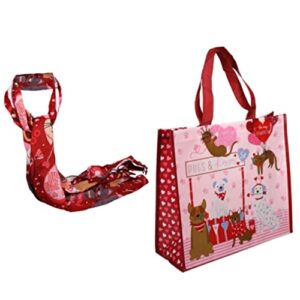 laminated valentine’s day tote & printed scarf set: pugs cats & kisses